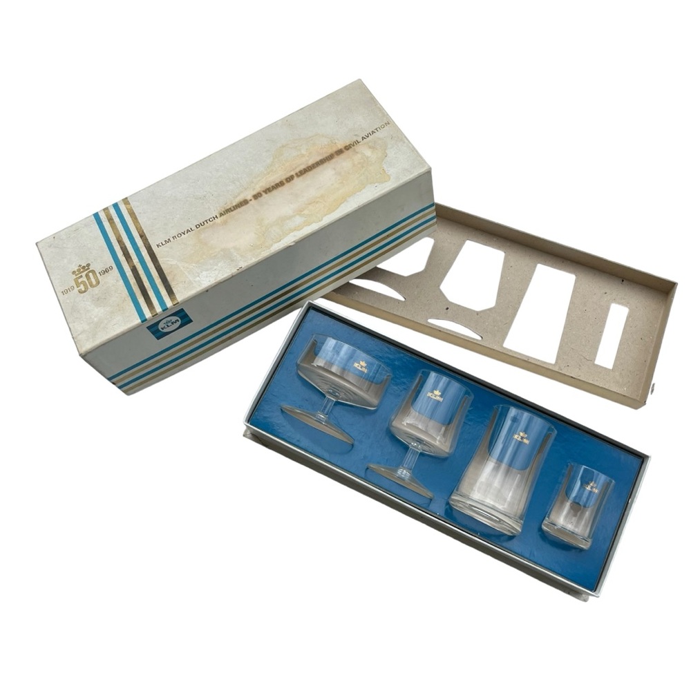 Vintage 1969 KLM Royal Dutch Airline 50 Year Anniversary Cocktail Glass Box Set